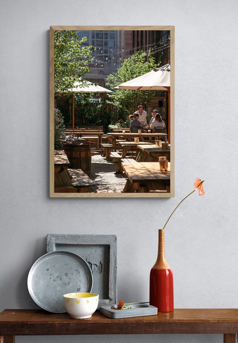Sunlit Courtyard Cafe Photography Poster. — room view 3