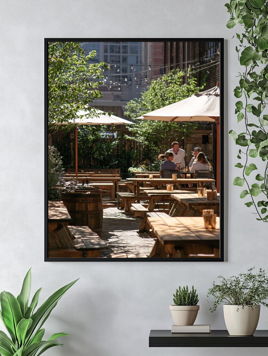 Sunlit Courtyard Cafe Photography Poster. — room view 4
