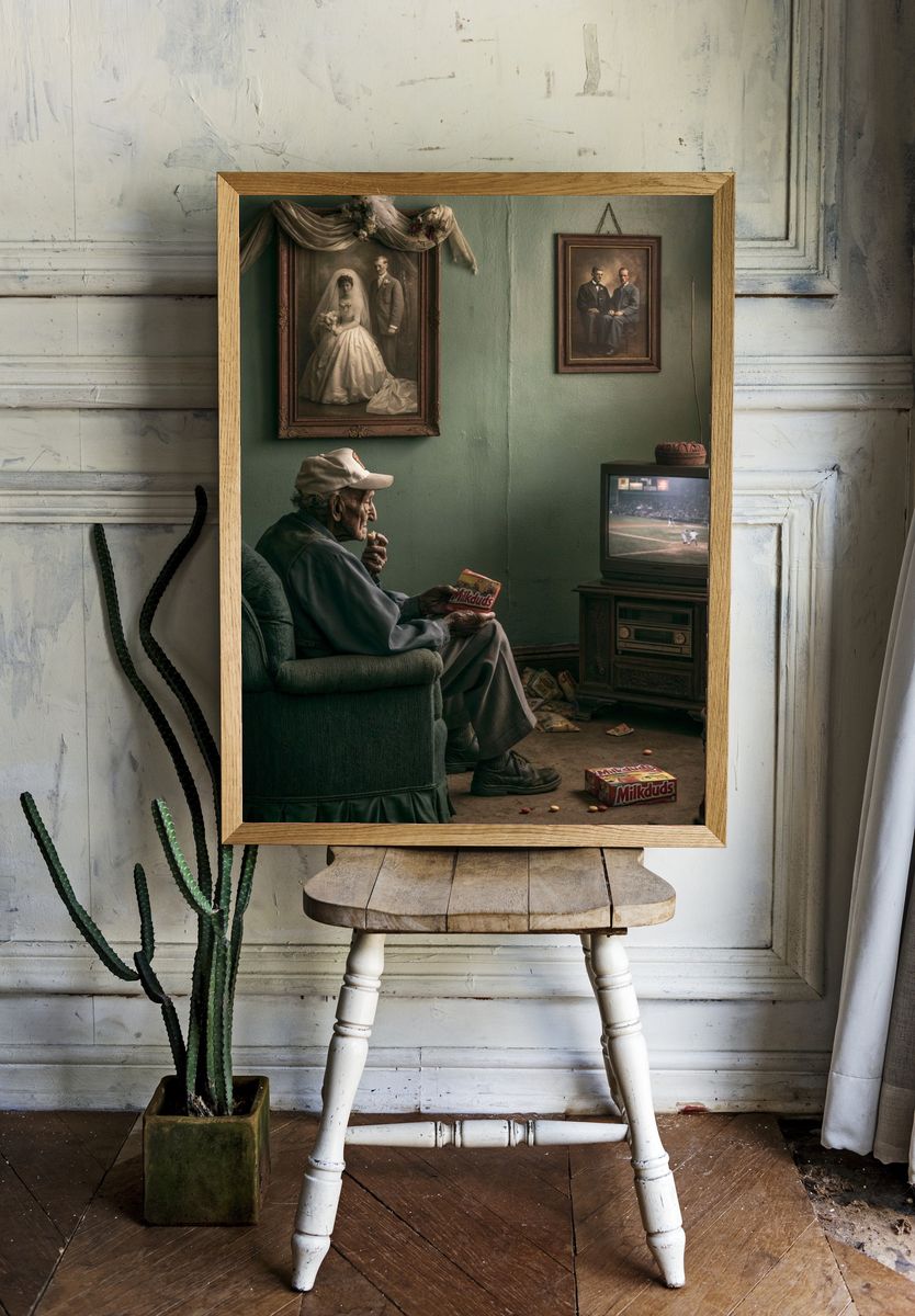 Elderly Man Watching Baseball Poster. — room view 1