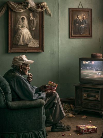 Elderly Man Watching Baseball Poster. poster