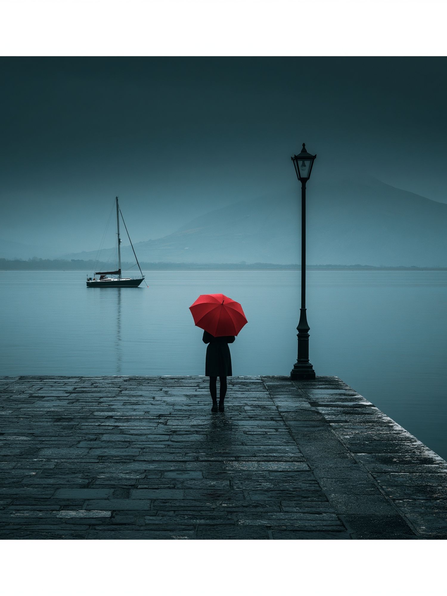 Red Umbrella Lakeside Photography Poster. poster detail