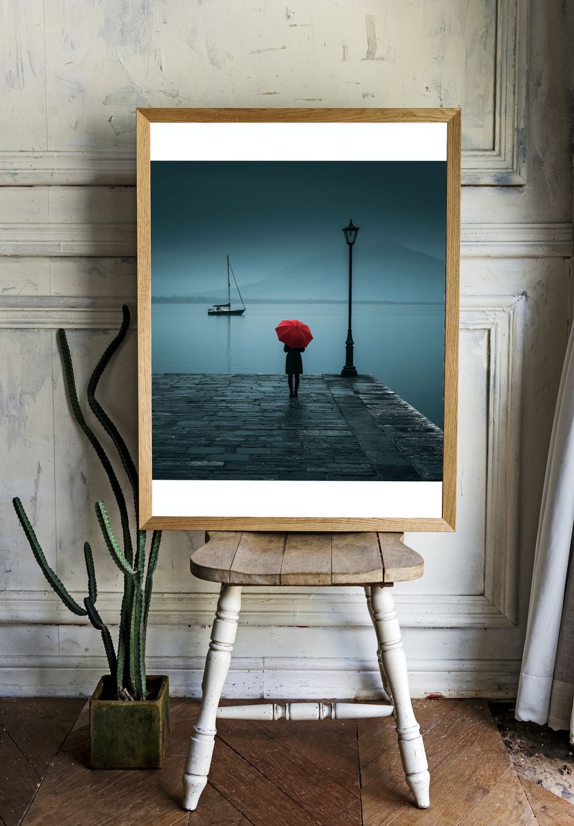 Red Umbrella Lakeside Photography Poster. room preview