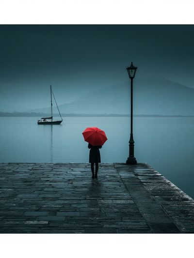 Red Umbrella Lakeside Photography Poster.