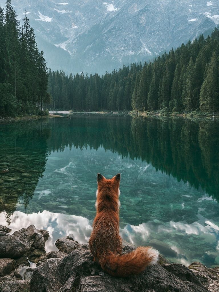 Fox by Alpine Lake Poster. poster detail