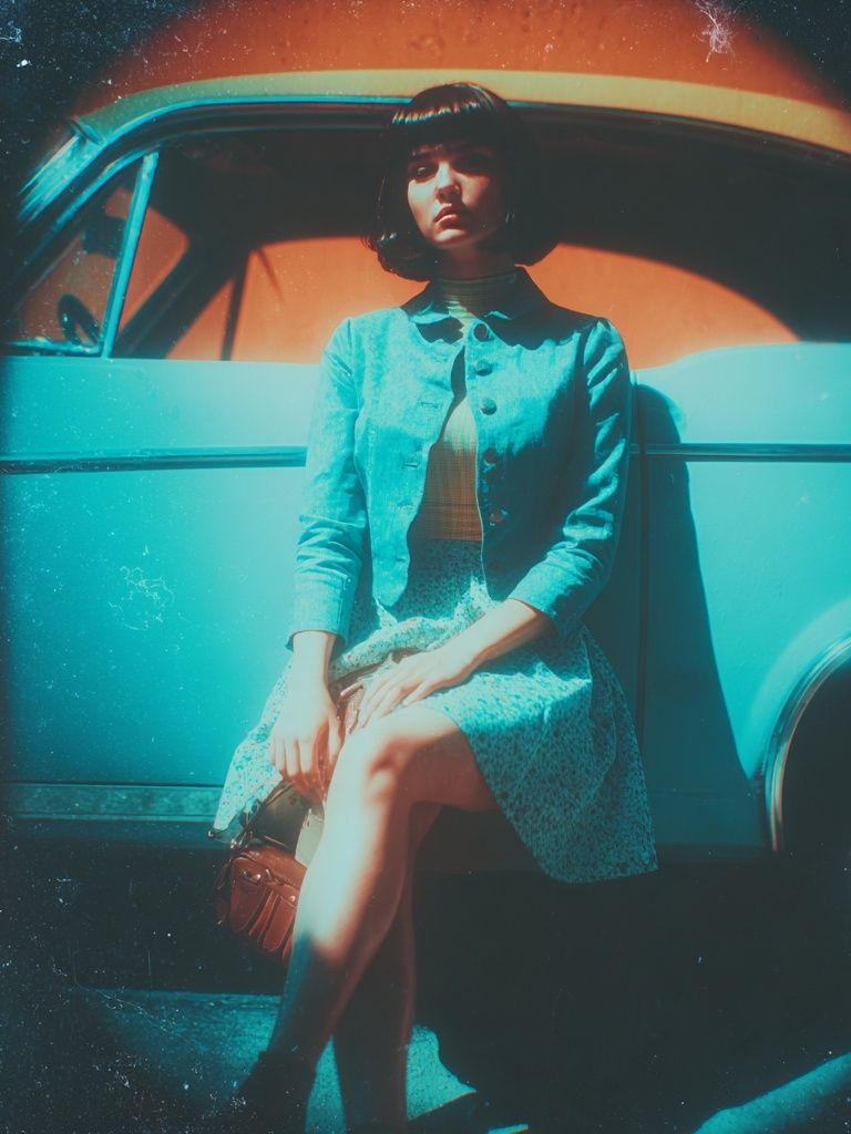 Retro Woman by Car Poster. poster detail