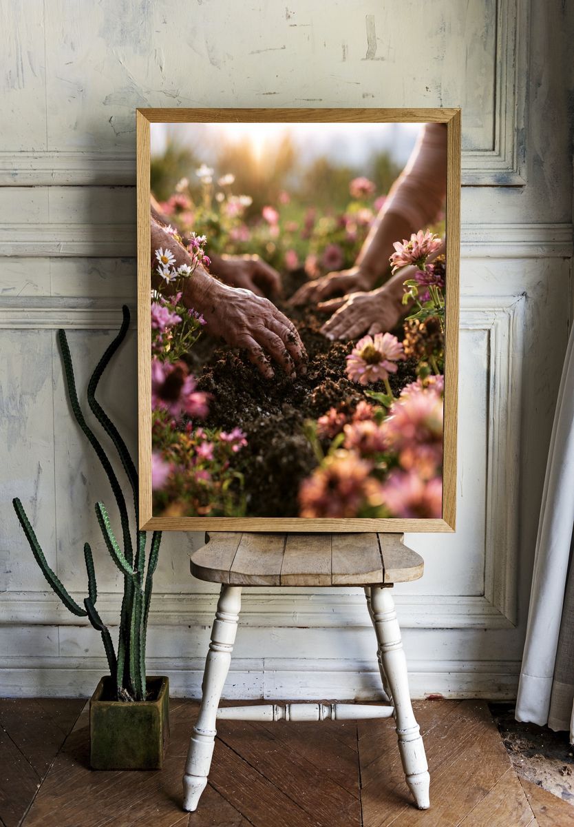 Hands Planting Wildflowers Photography Poster. room preview
