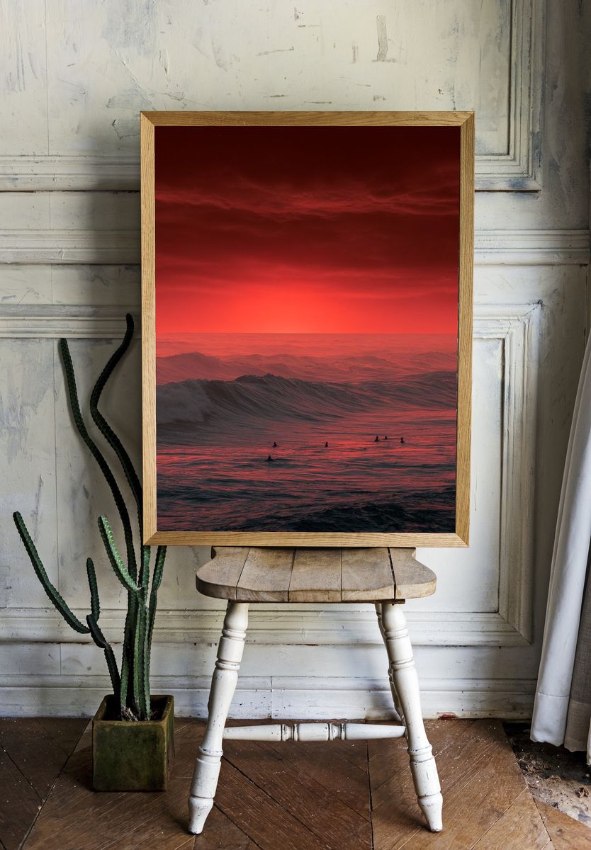 Red Ocean Sunset Photography Poster. — room view 1