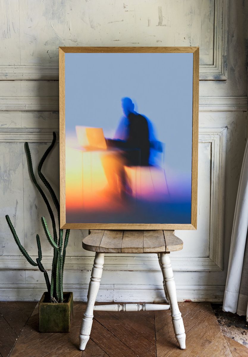 Blurred Figure at Laptop Photography Poster. — room view 1