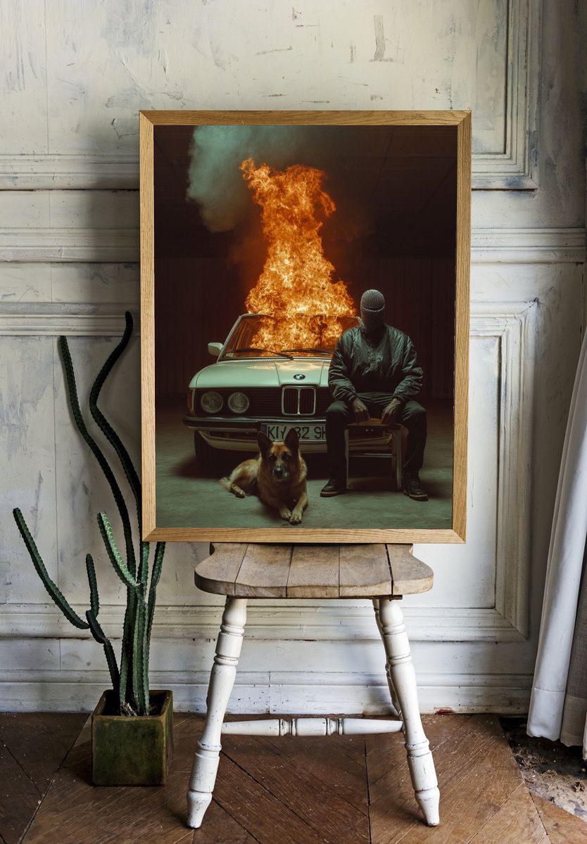 Burning Car Noir Photography Poster. — room view 1