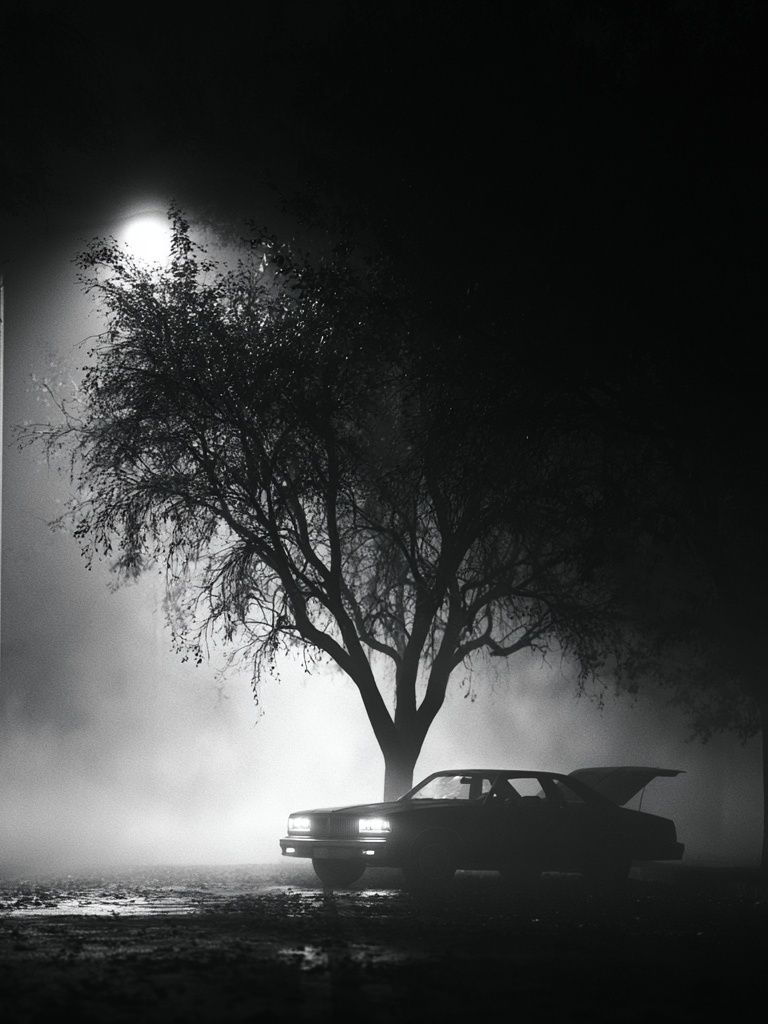 Foggy Night Car Silhouette Poster. poster detail