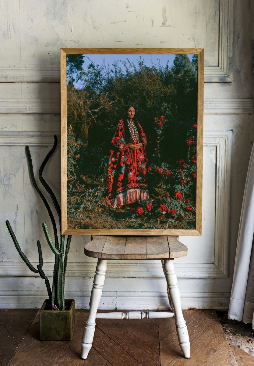 Indigenous Portrait in Rose Garden Poster. room preview