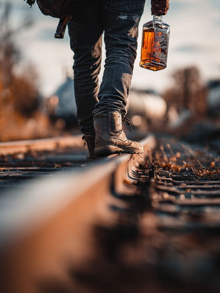 Railroad Walk with Whiskey Poster. poster detail