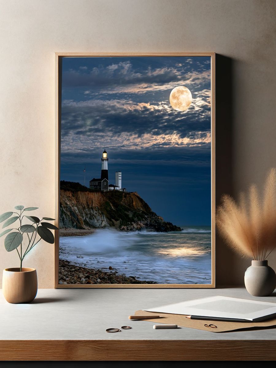 Moonlit Lighthouse Coast Poster. — room view 2