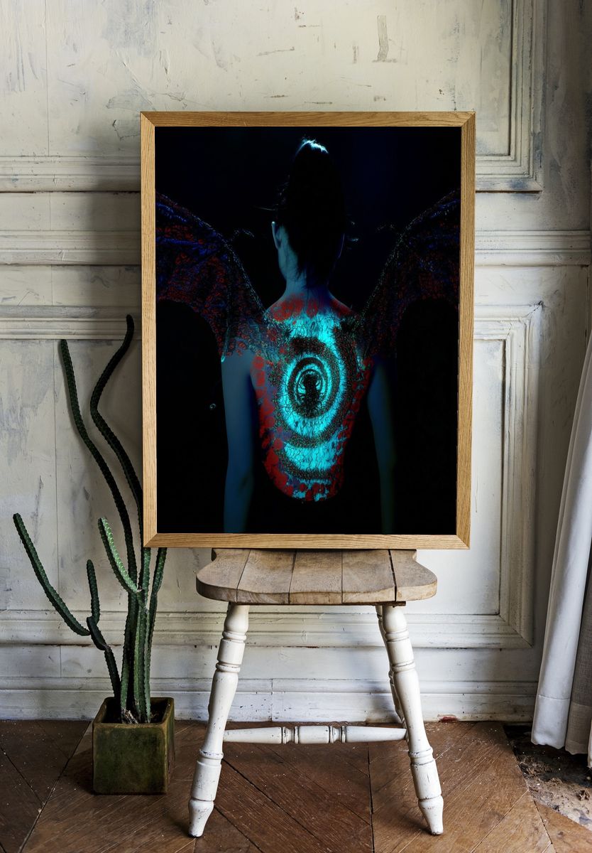 Neon Winged Figure Photography Poster. room preview
