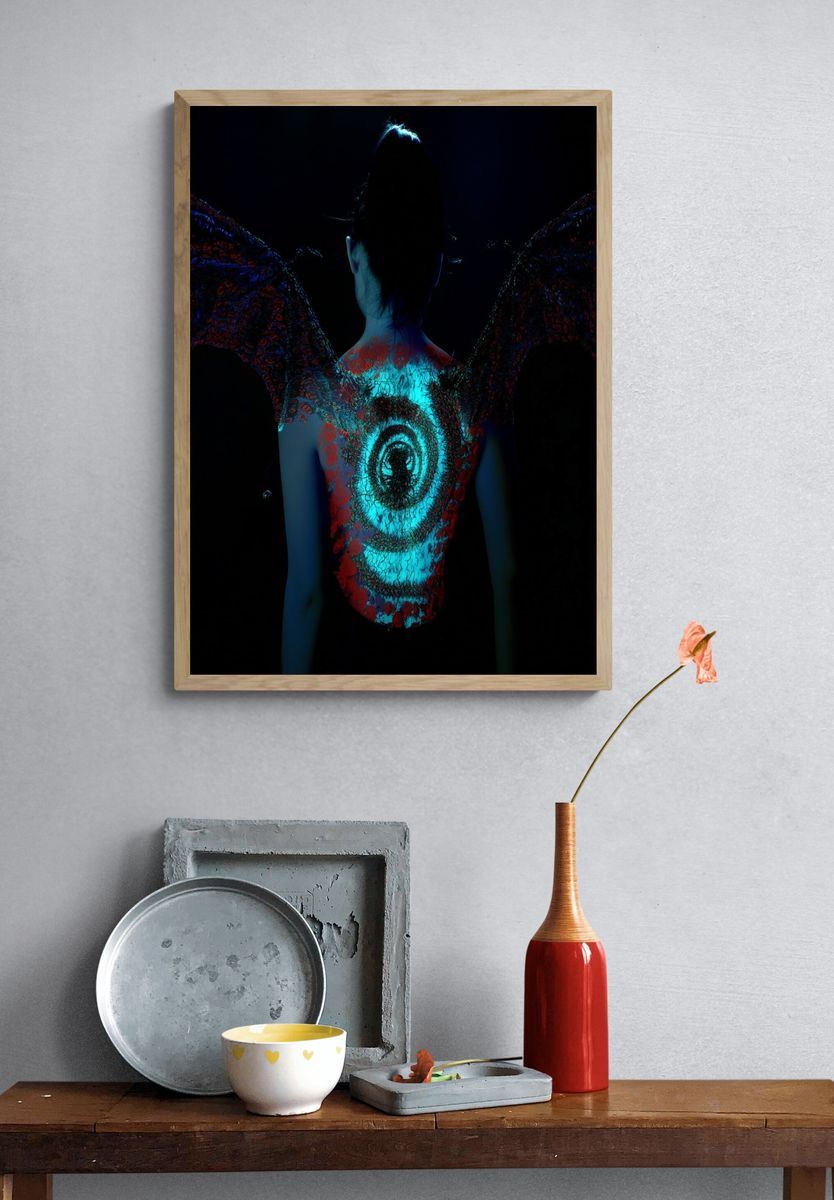 Neon Winged Figure Photography Poster. — room view 3