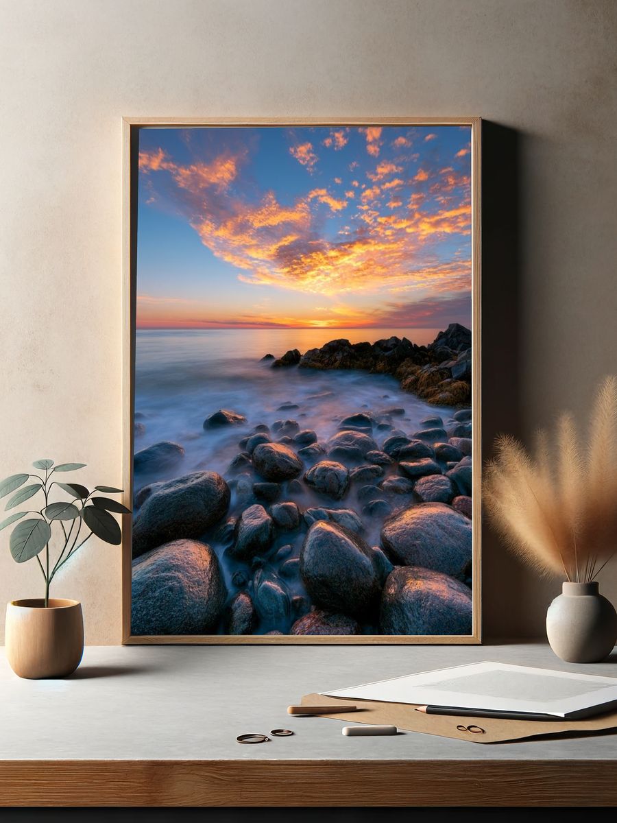 Sunset Rocky Shoreline Photography Poster. — room view 2