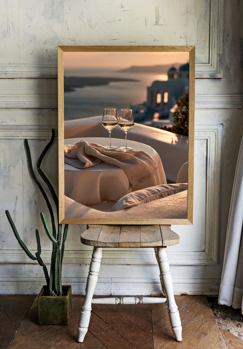 Santorini Sunset Wine Photography Poster. — room view 1