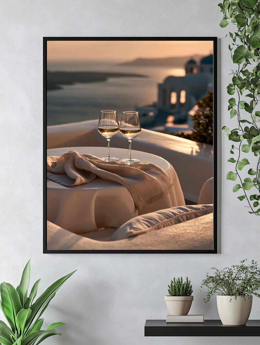 Santorini Sunset Wine Photography Poster. — room view 4