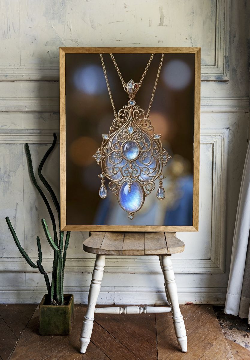 Ornate Blue Gem Pendant Photography Poster. — room view 1