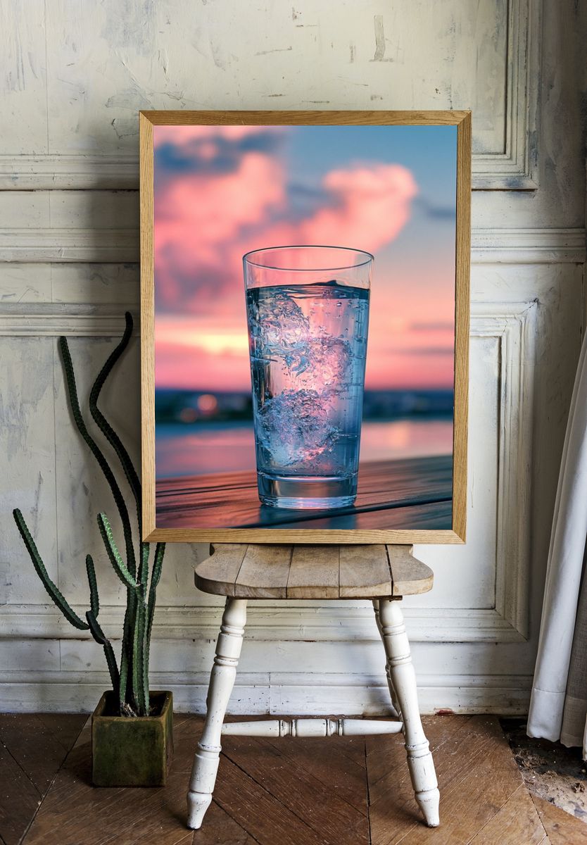 Sunset Water Glass Photography Print. — room view 1