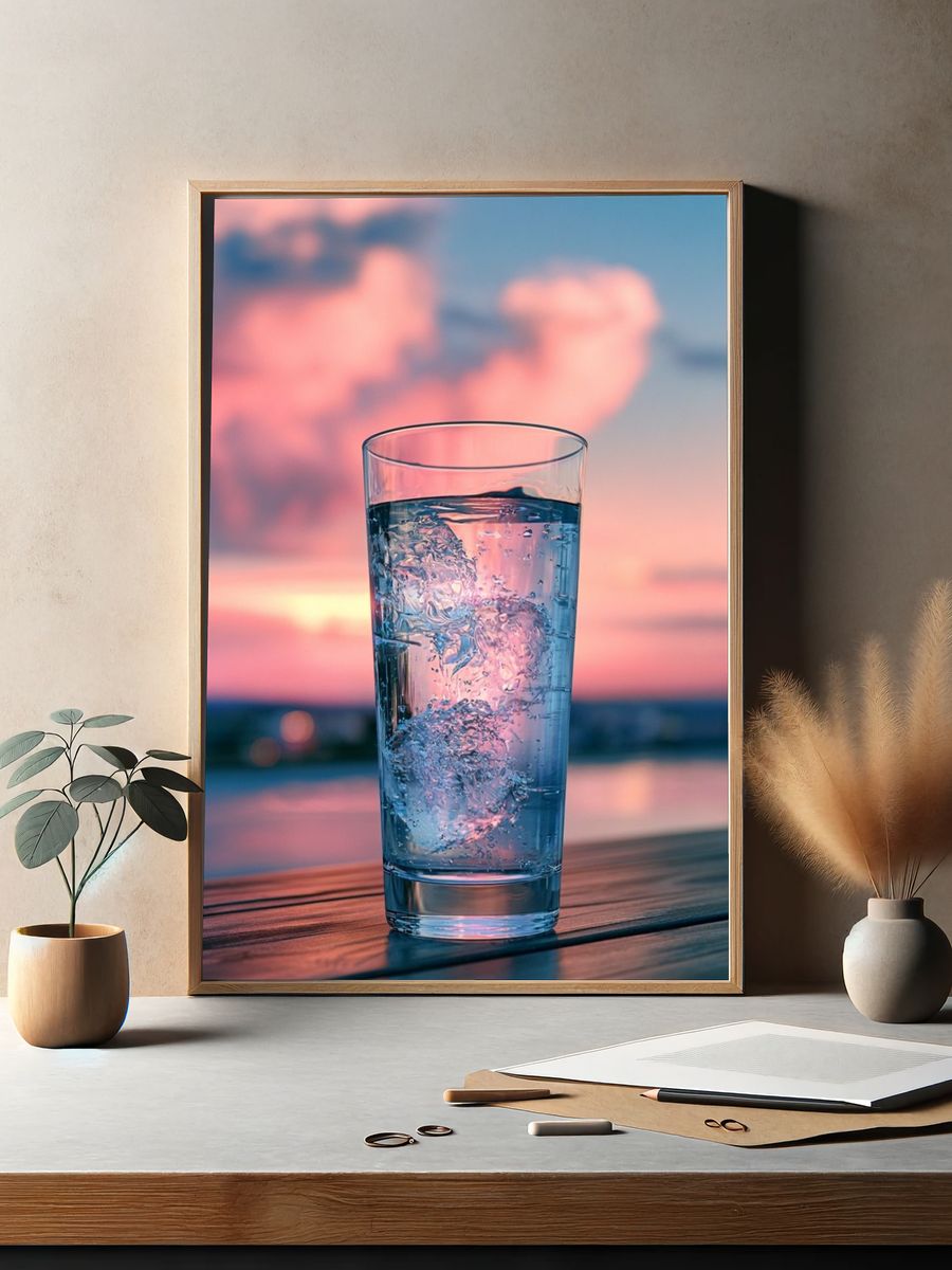 Sunset Water Glass Photography Print. — room view 2