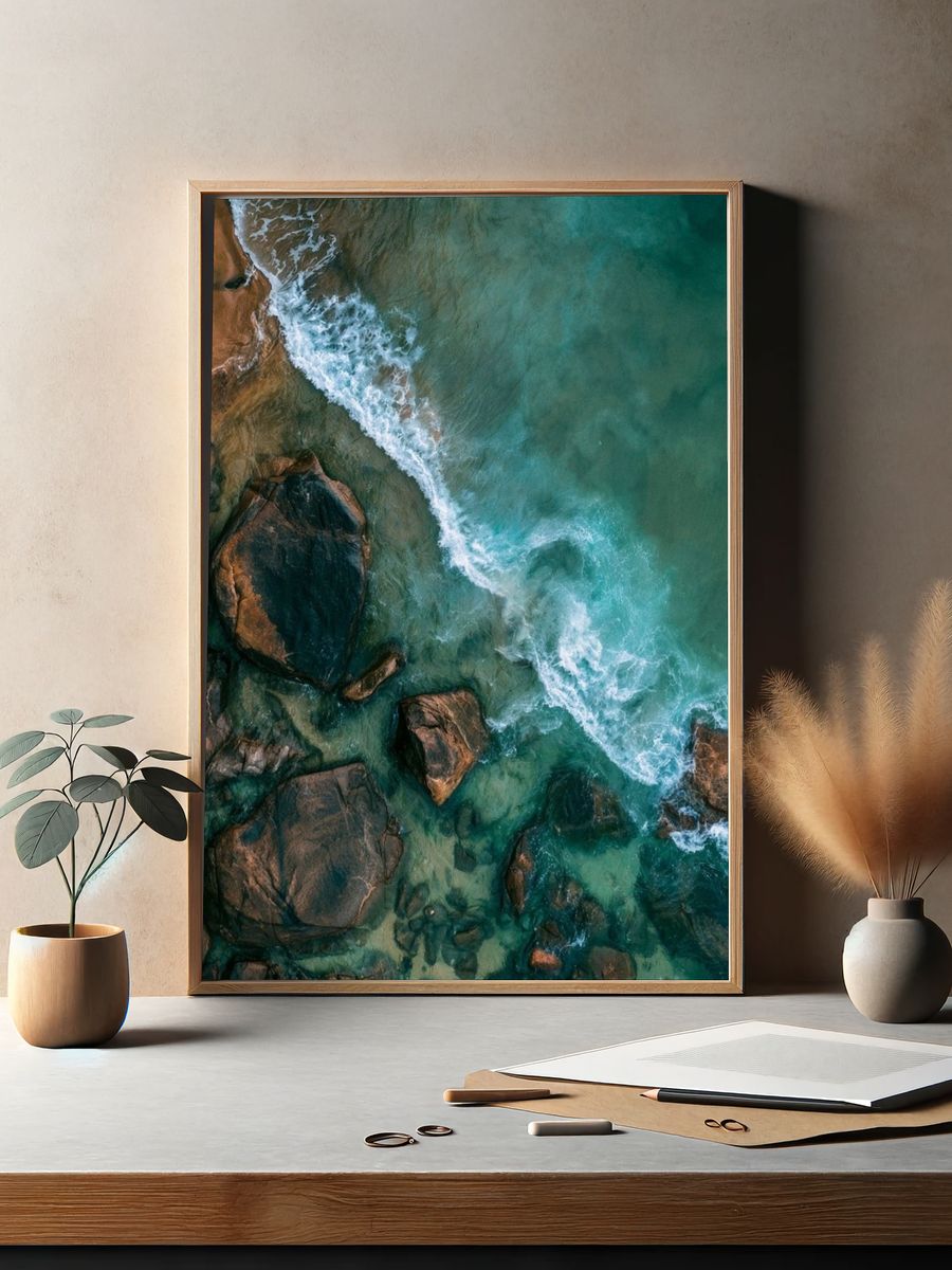 Coastal Rocks Aerial Photography Poster. — room view 2