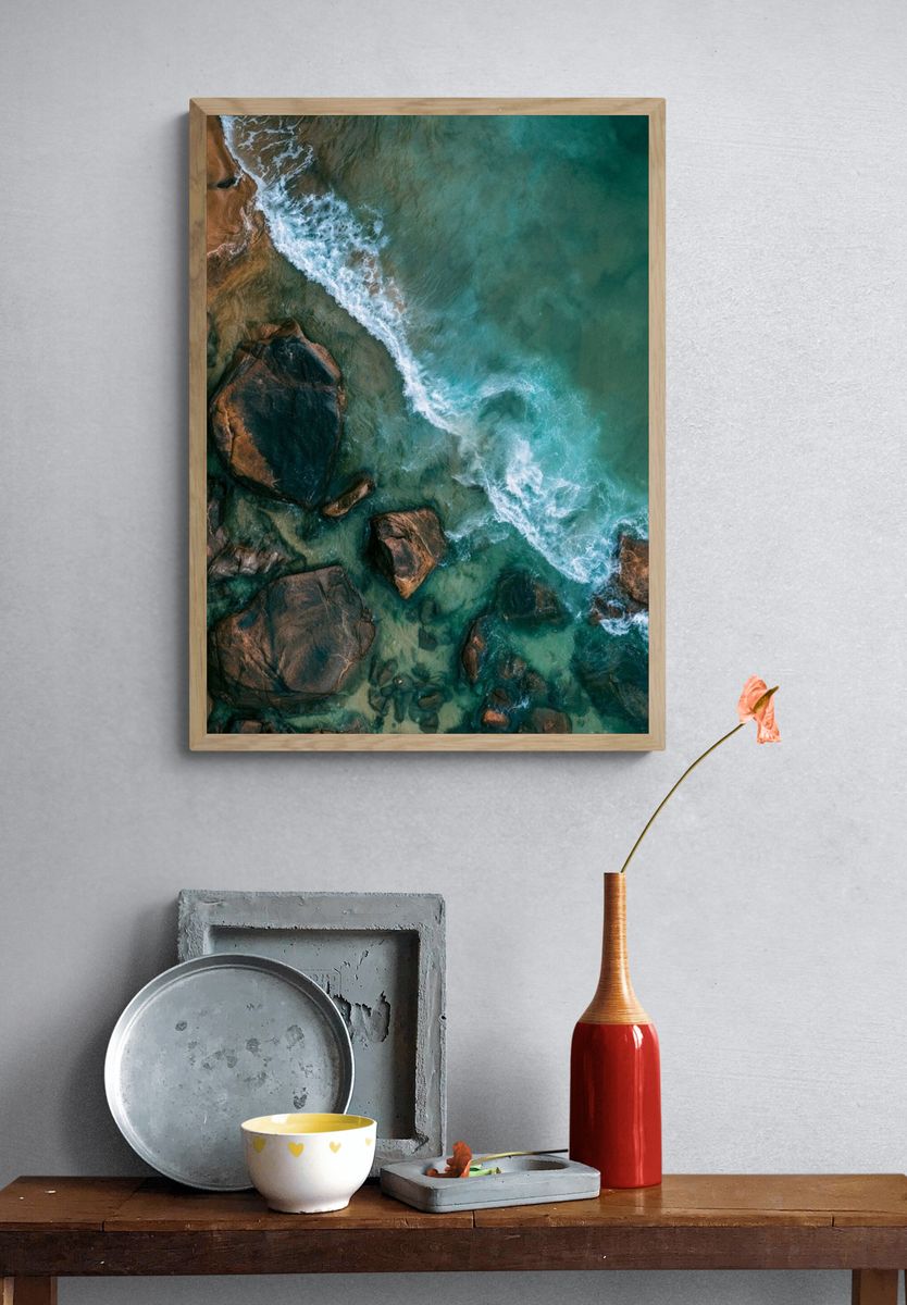 Coastal Rocks Aerial Photography Poster. — room view 3