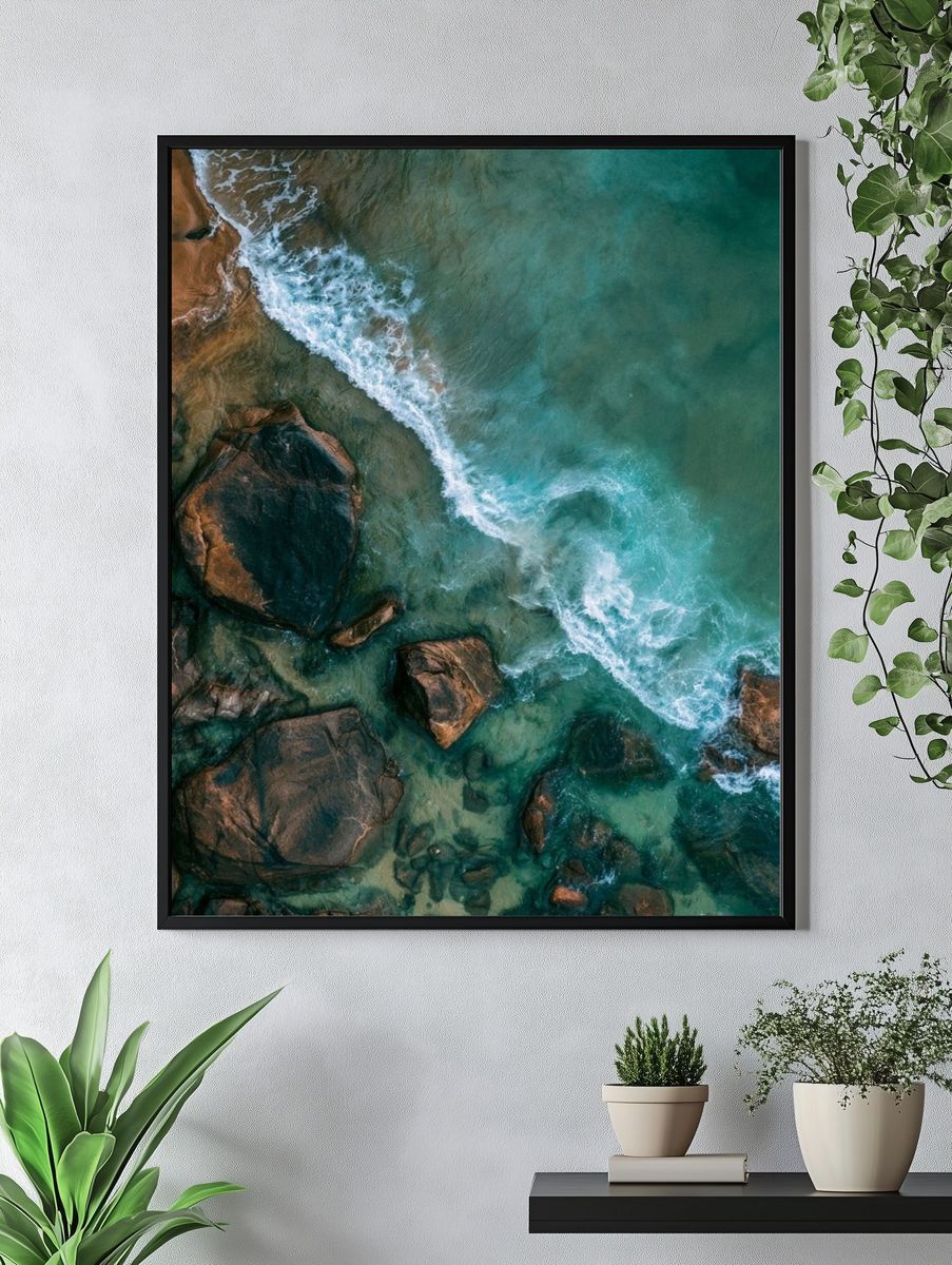 Coastal Rocks Aerial Photography Poster. — room view 4