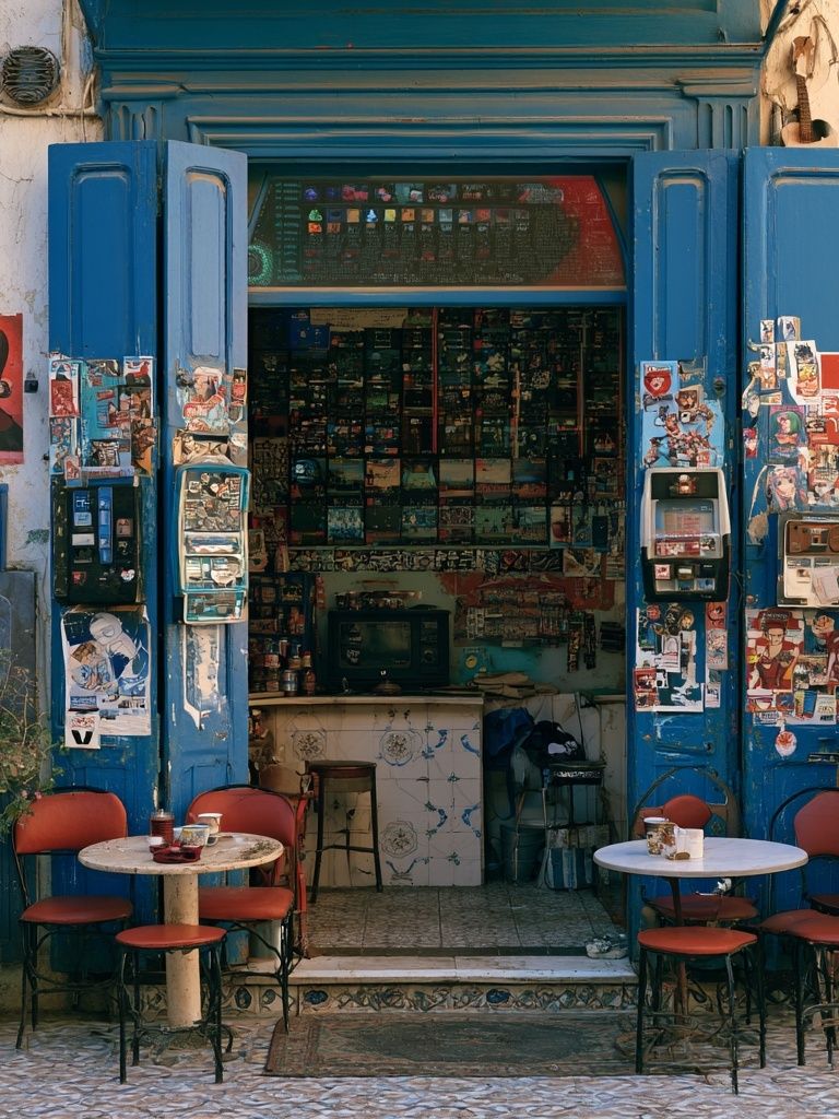 Blue Café Facade Photography Poster. poster detail