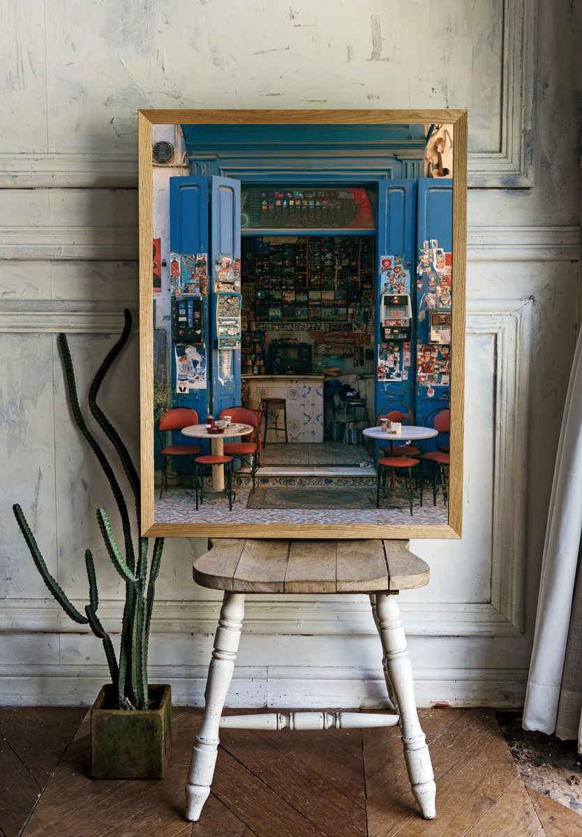 Blue Café Facade Photography Poster. — room view 1