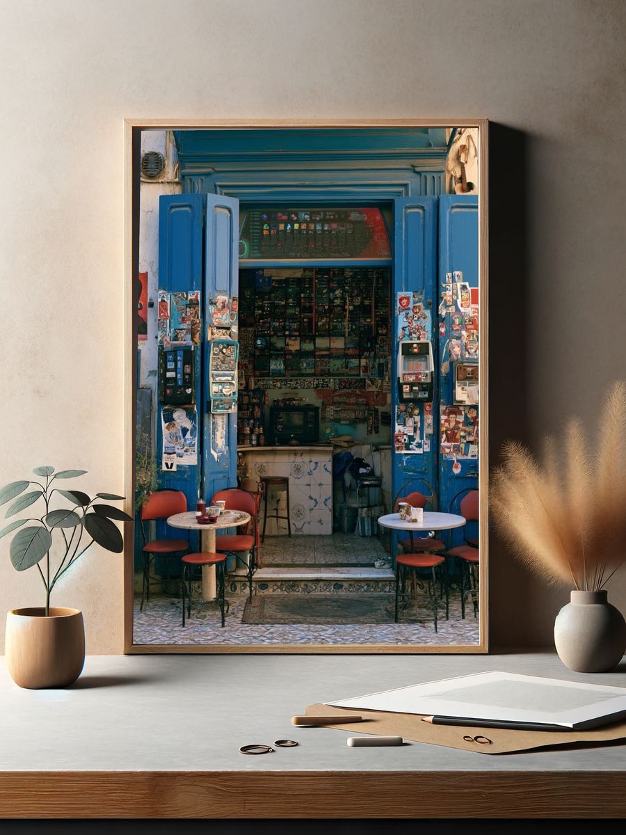 Blue Café Facade Photography Poster. — room view 2