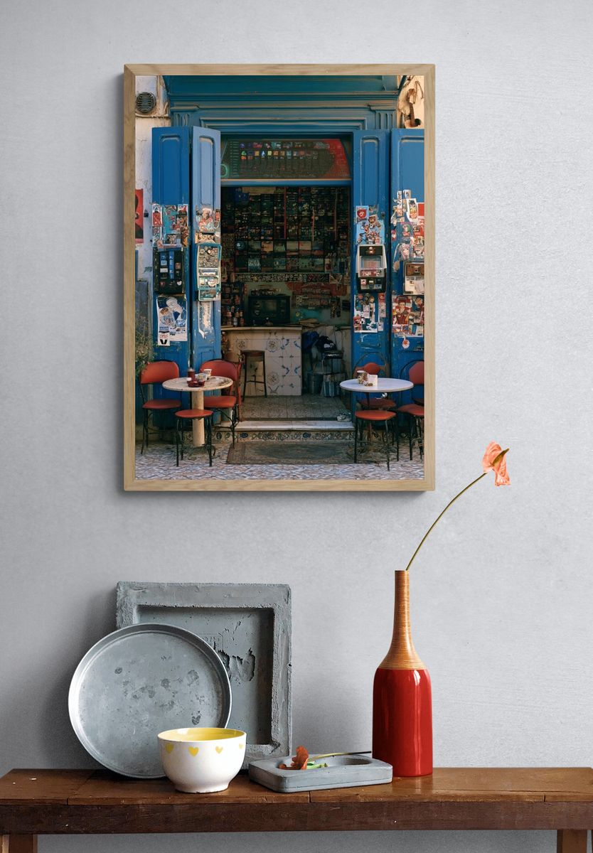 Blue Café Facade Photography Poster. — room view 3