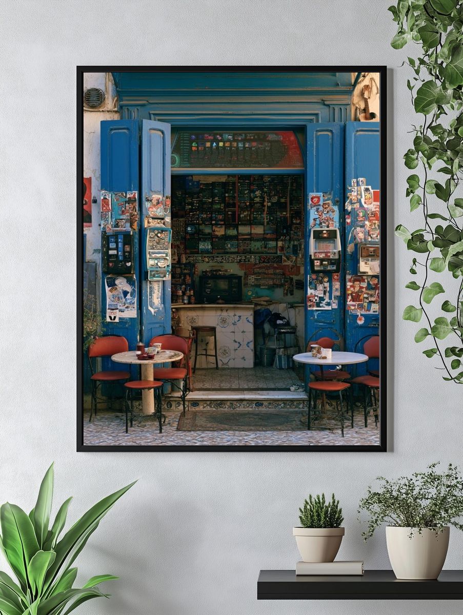 Blue Café Facade Photography Poster. — room view 4