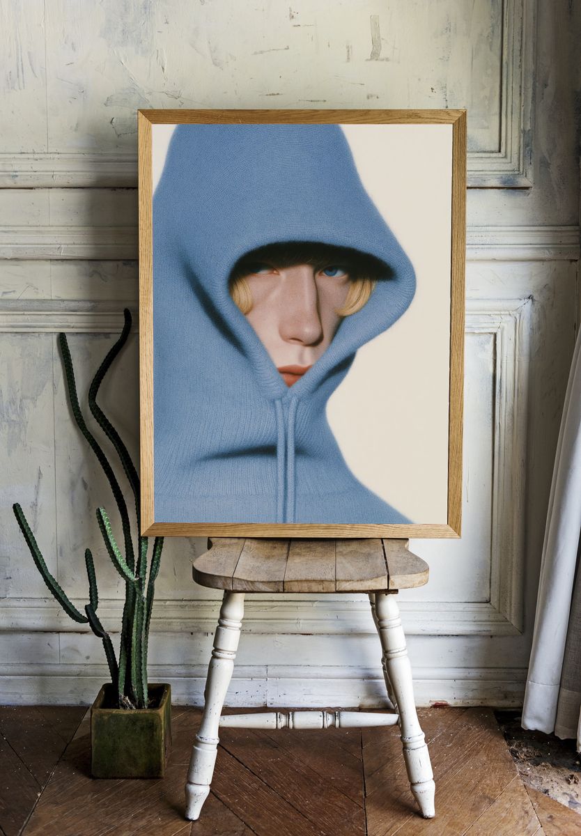 Blue Hooded Portrait Print. room preview