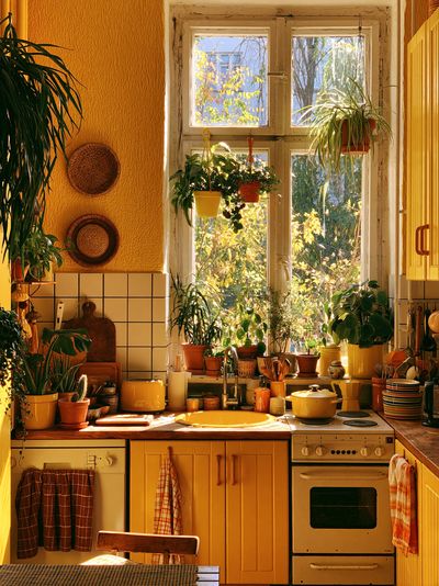 Sunlit Boho Kitchen Interior Print. poster