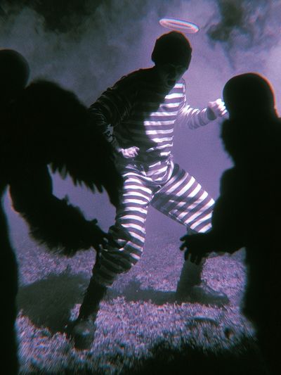 Surreal Striped Figure Photography Poster. poster