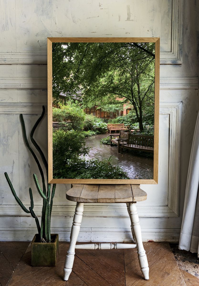 Rainy Garden Courtyard Photography Poster. room preview