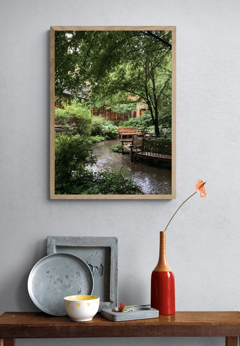 Rainy Garden Courtyard Photography Poster. — room view 3