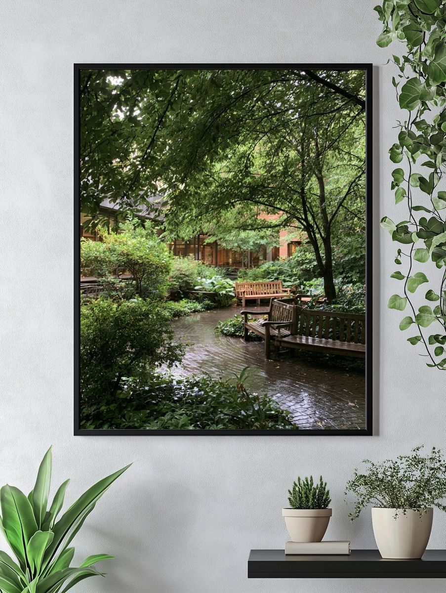 Rainy Garden Courtyard Photography Poster. — room view 4