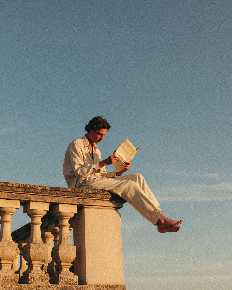 Sunlit Reader on Terrace Photography Poster. poster — photography art