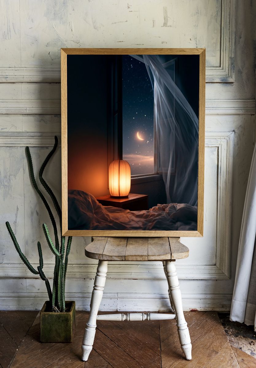 Moonlit Bedroom Window Photography Poster. room preview