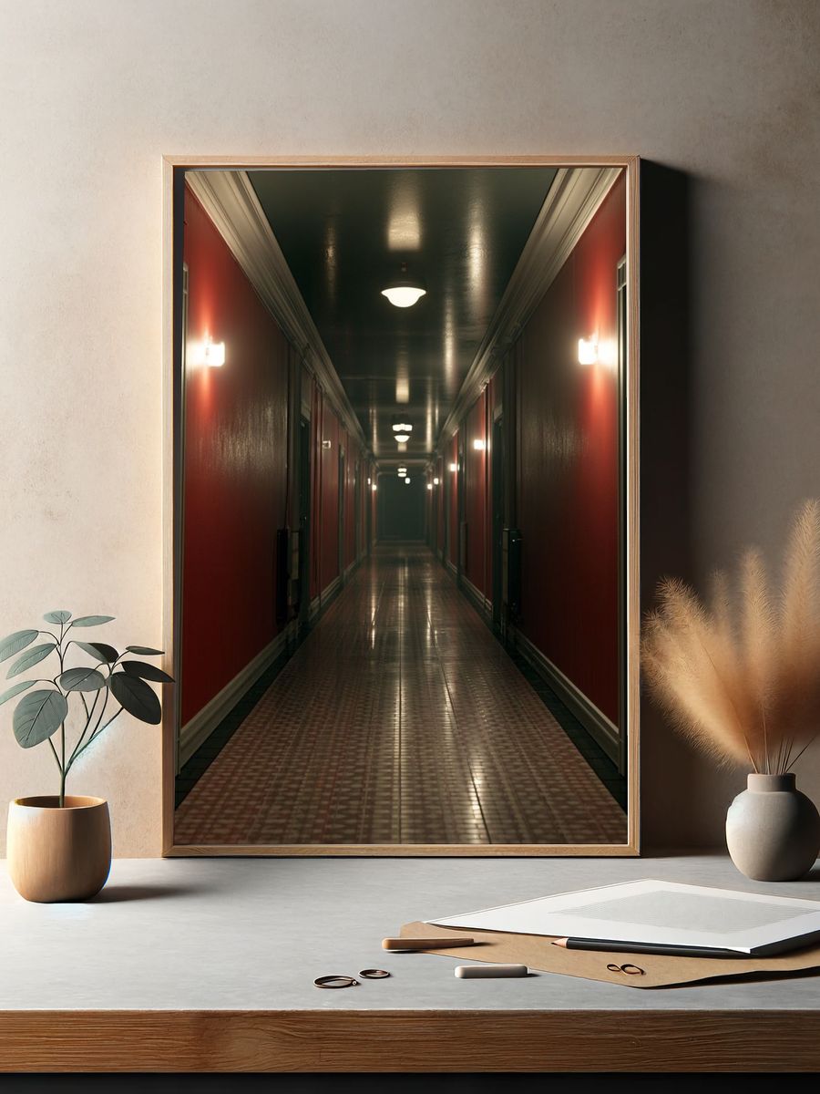 Moody Red Hallway Photography Poster. — room view 2