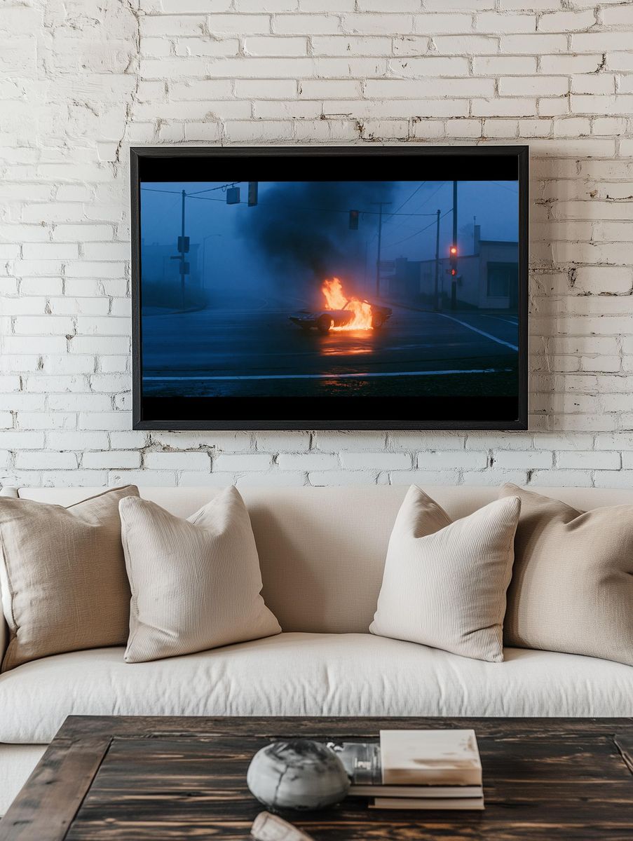 Burning Car at Dusk Photography Poster. — room view 1