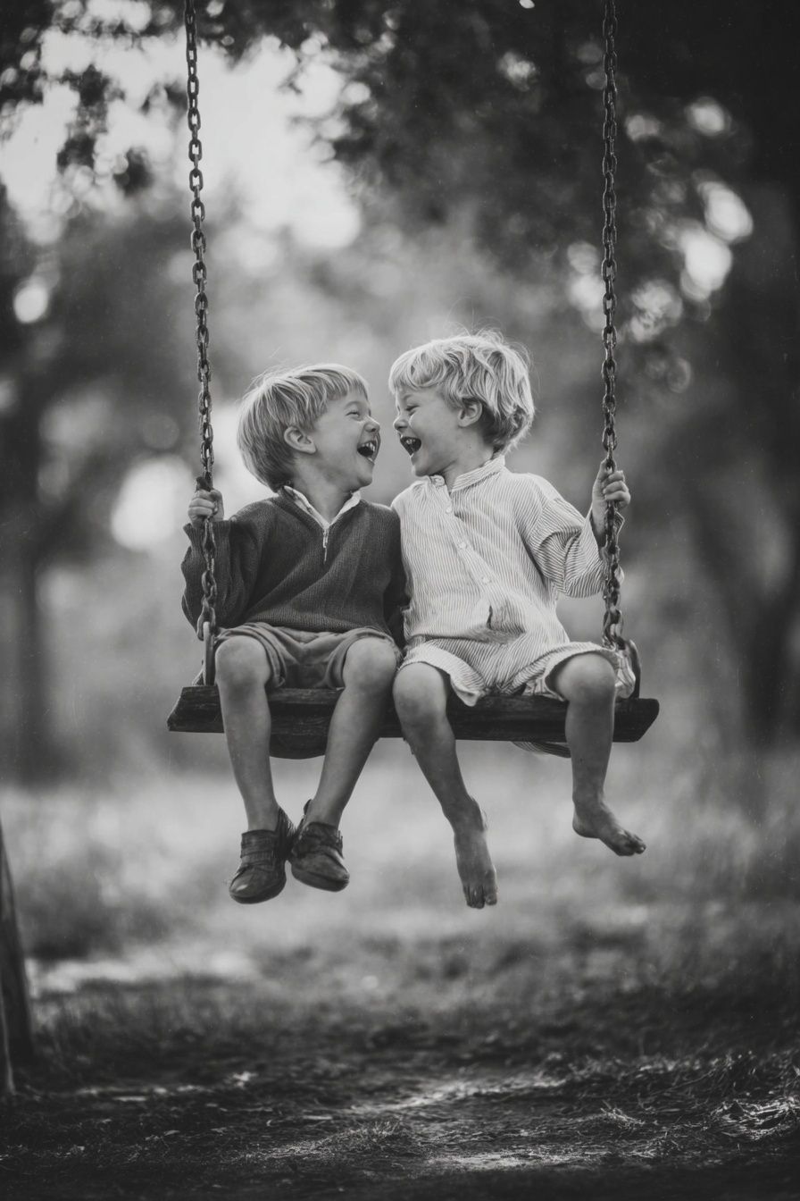 Children on Swing Black-White Poster. poster detail