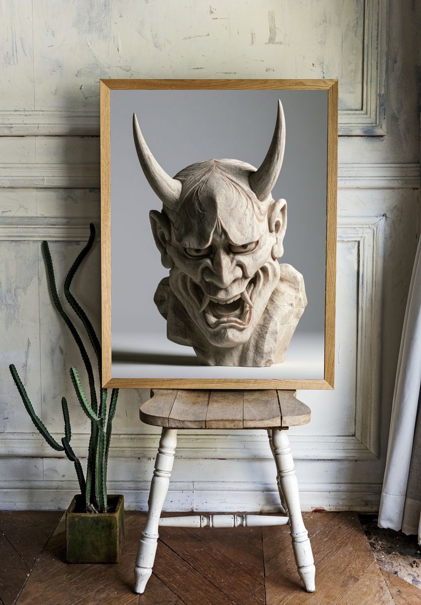 Demon Mask Sculpture Photography Poster. — room view 1