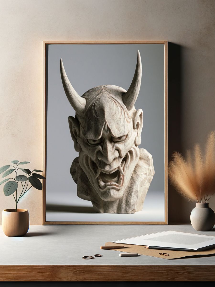 Demon Mask Sculpture Photography Poster. — room view 2