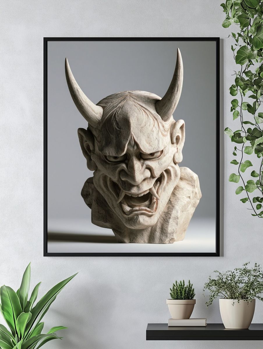 Demon Mask Sculpture Photography Poster. — room view 4