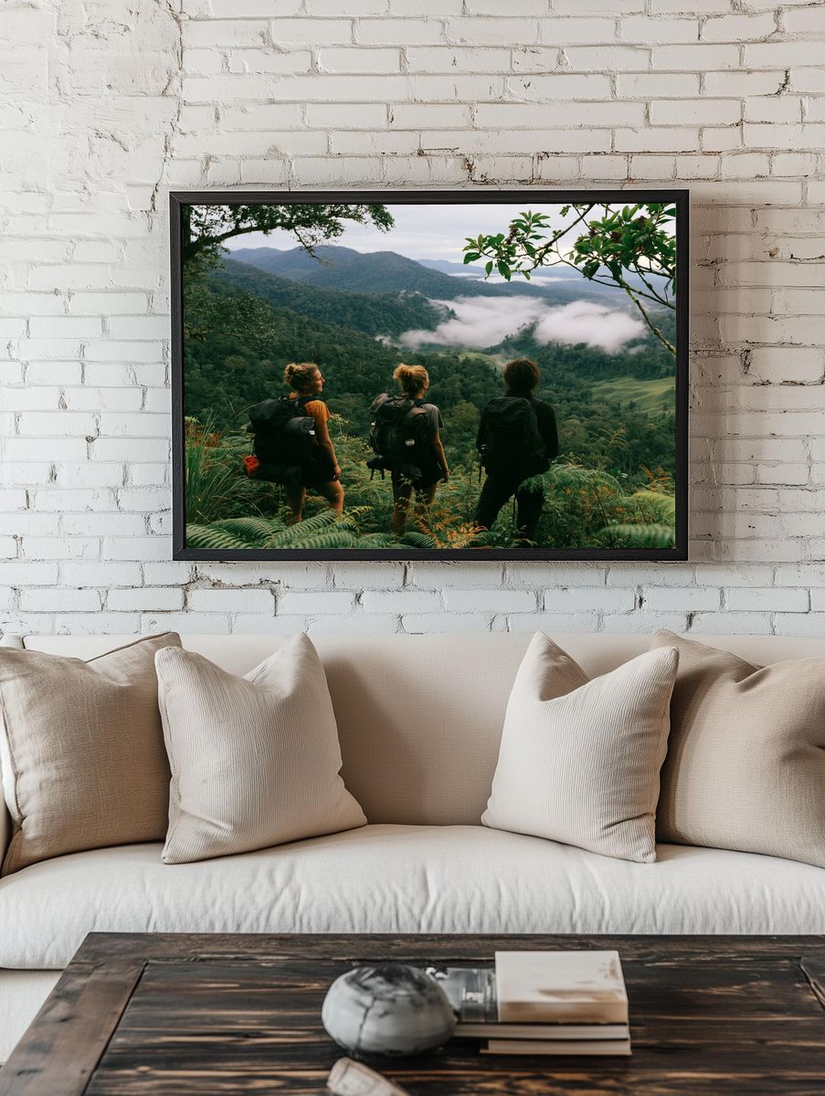 Misty Jungle Hikers Photography Poster. — room view 1
