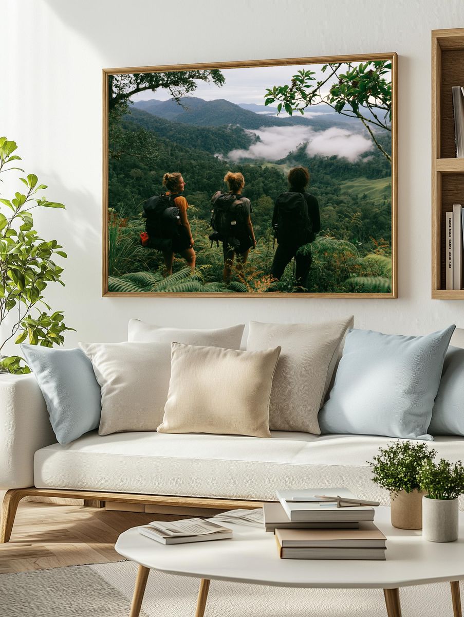 Misty Jungle Hikers Photography Poster. — room view 2