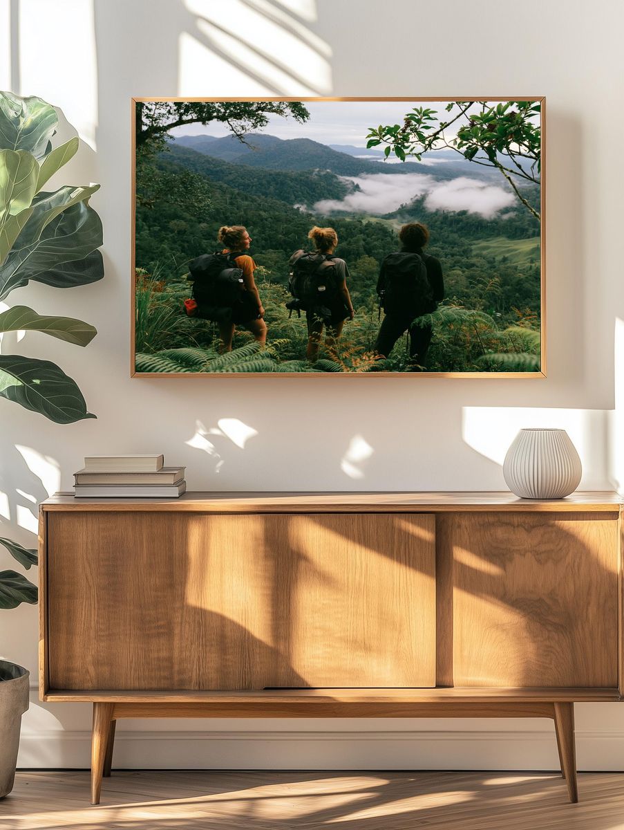 Misty Jungle Hikers Photography Poster. — room view 3